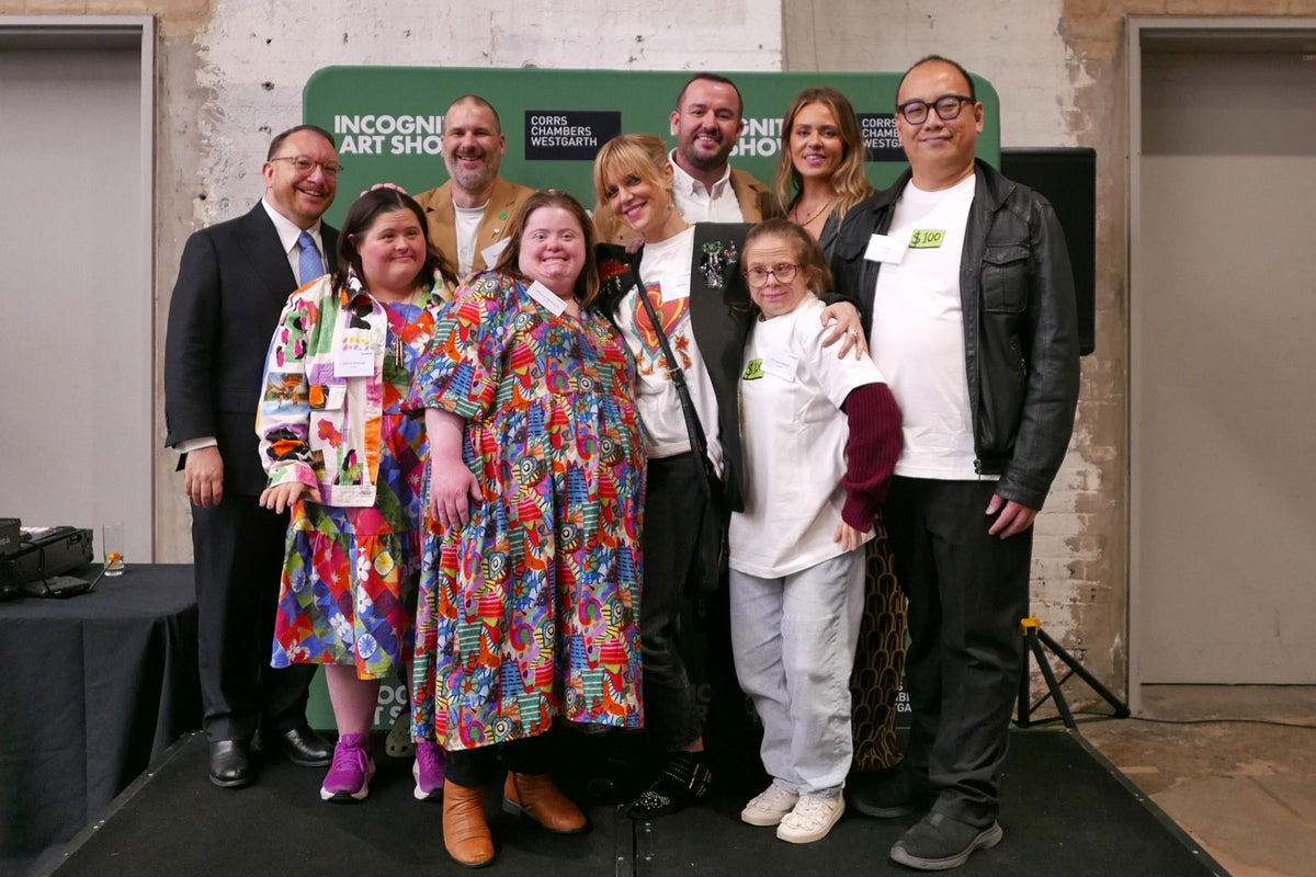 Corrs Partner David Anthony, Studio A artists Katrina Brennan, Thom Roberts, Catherine McGuiness, Meagan Pelham and Lex Tan, Studio A CEO/Artistic Director Gabrielle Mordy, Incognito Art Show Co-Founder Ed Liston and Corrs Head of Market Engagement Kate Newbury.